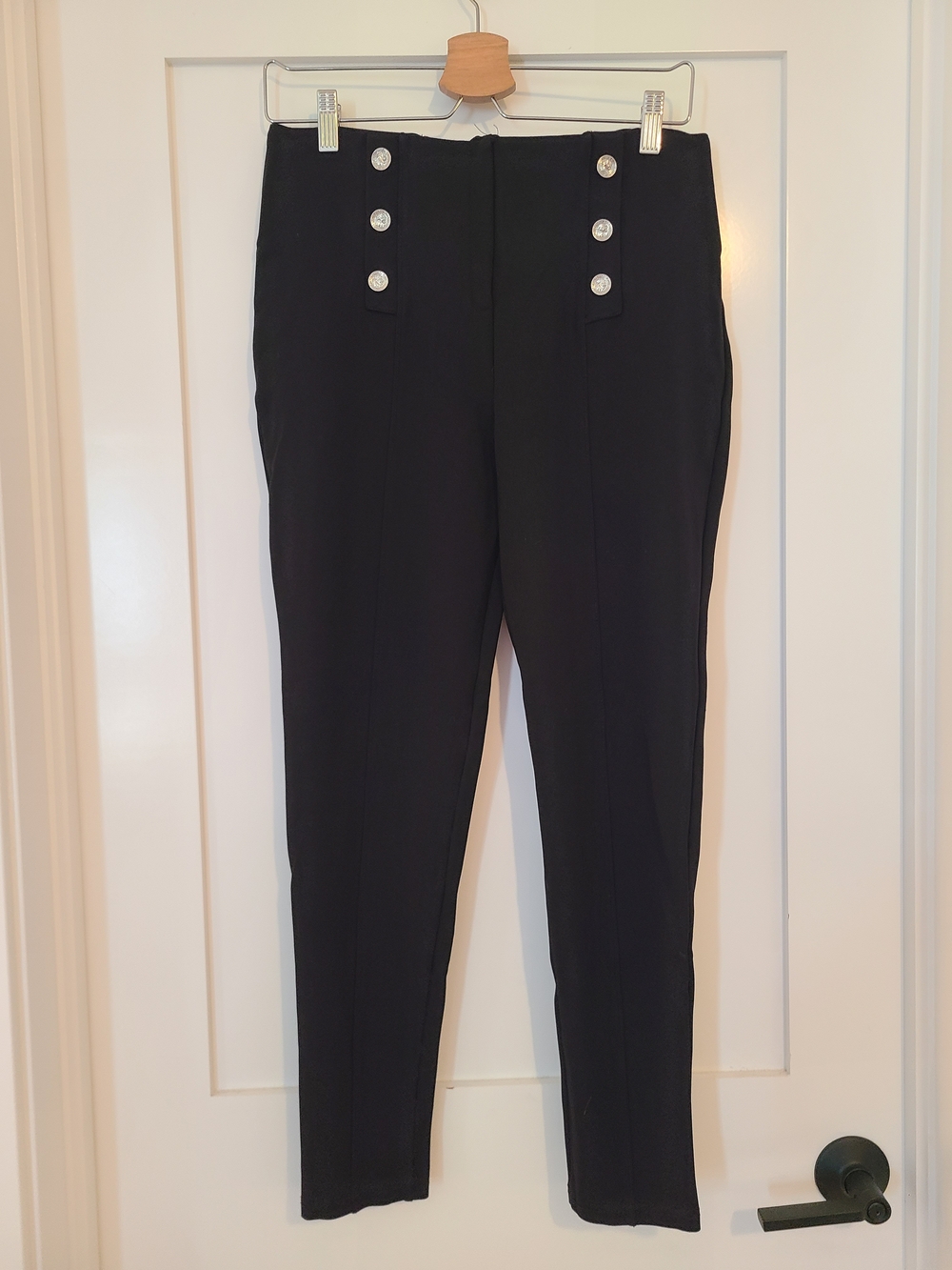 Luxe Black High-Waist Skinny Pants with Silver Buttons